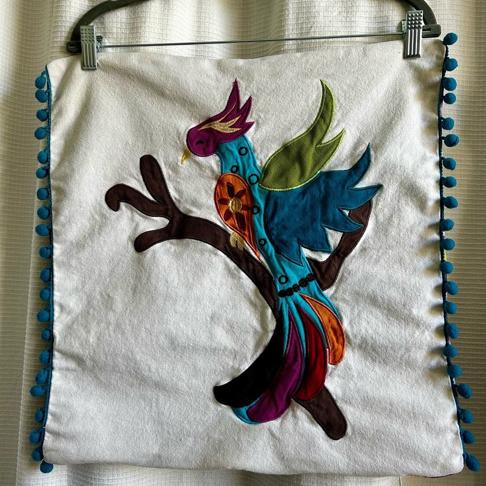 Colorful Bird Embroidered Pillow Cover 18 X 18 inches square